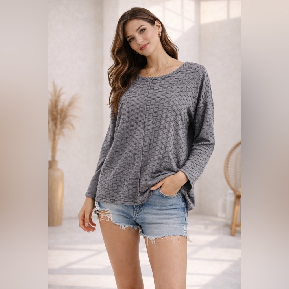 Anthro Textured Knit Top Honeycomb Lagenlook Stretch Pullover Boho Minimalist, M